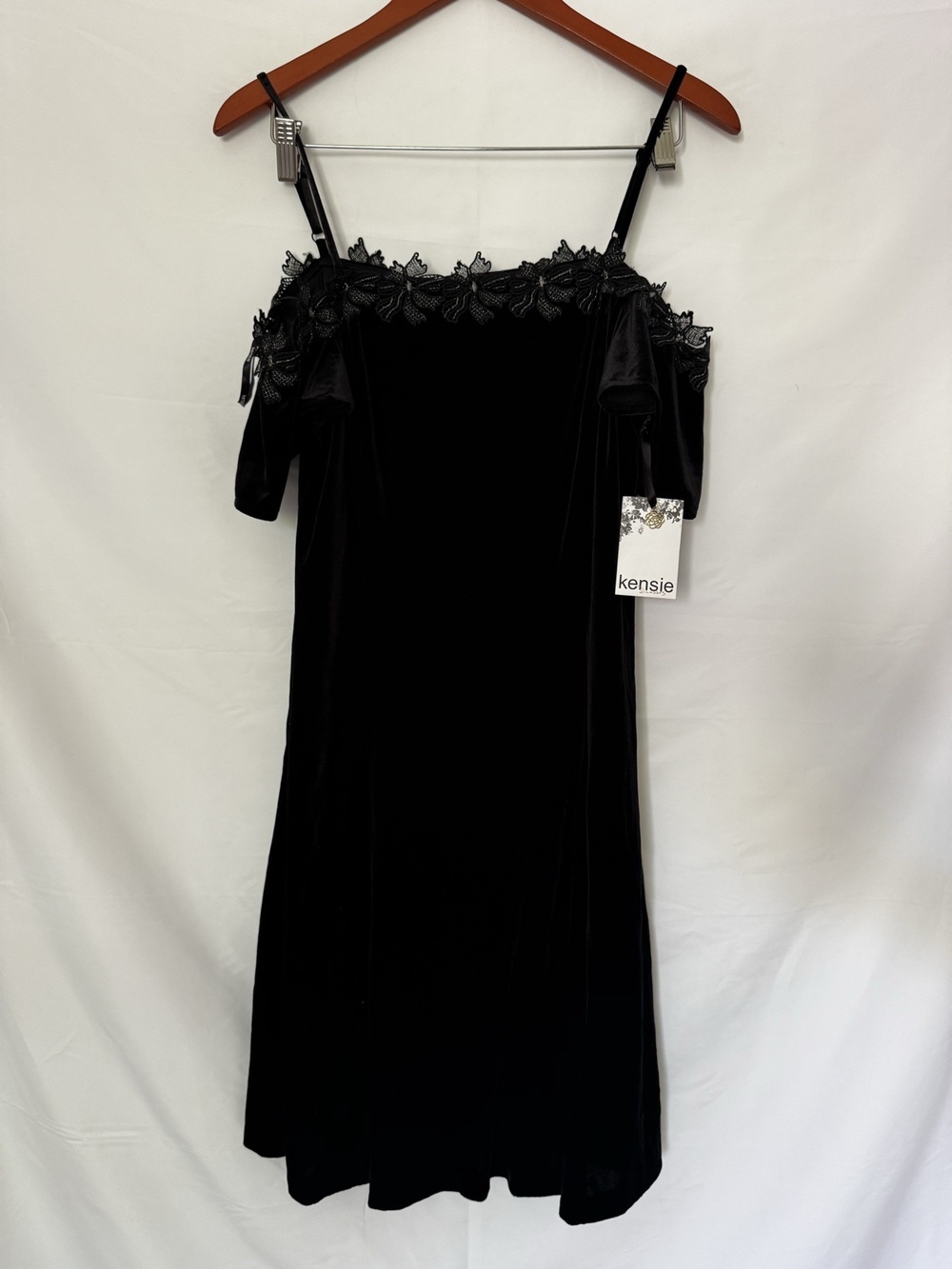 kensie Black Velvet Lace Applique Off-Shoulder Puff Sleeve Gown Sz 10 NWT